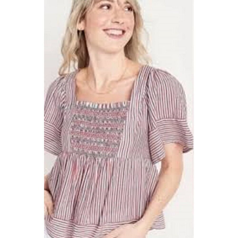 Old Navy Womens White Blue Striped Smocked Babydoll Top 2X Smocked Puff Sleeve